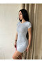 Women Camisole Crew Neck Short Sleeve Ribbed Mini Dress Gray - 2