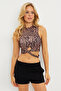 Women's Camel-Black Crossed Waist Leopard Crop Blouse CY337 - 5