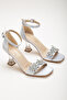 Silver Satin Women's Stoned Transparent Heeled Shoes