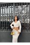 Women's Front Corset Lace-up Crop Blouse Long Skirt Openwork Knitted Double Set - 2