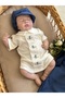 Baby Boy Navy Blue Dungarees Handcrafted Bird-Embroidered Snap-Fastened Bodysuit and Cap Set - 5