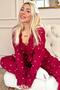 Claret Red Mini Heart Patterned Women's Pajamas Set with Bamboo Dressing Gown - 2