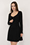 Women's Black Corset Design Gathered Knitted Mini Dress