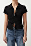 Siyah Regular/Normal Kalıp Polo Yaka Büzgü/Drape Detaylı Fermuarlı Örme Bluz TWOSS24BZ00501 - 5
