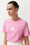 Pink 100% Cotton Star Printed Regular/Regular Fit Crew Neck Knitted T-Shirt TWOSS24TS00095 - 3