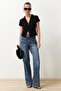 Siyah Regular/Normal Kalıp Polo Yaka Büzgü/Drape Detaylı Fermuarlı Örme Bluz TWOSS24BZ00501