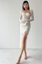 Women's White Midi Evening Dress 249 with Sheer Lace-Fabric Sleeves, Guipure Design and Slit Detail
