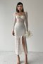 Women's White Midi Evening Dress 249 with Sheer Lace-Fabric Sleeves, Guipure Design and Slit Detail - 5