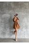 WOMEN'S BROWN CROSSBODY NECK BURGUNDY Fabric BELT DETAILED SUMMER DRESS - 6