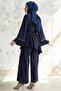 Pleated Sleeve Belted Double Set - Navy Blue - 5