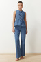 Blue Front Tie Patterned Fitted Denim Vest Twoss24Ye00047