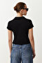 Siyah Regular/Normal Kalıp Polo Yaka Büzgü/Drape Detaylı Fermuarlı Örme Bluz TWOSS24BZ00501 - 6
