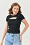 Women's Blouse - Black - Camisole Fabric - Cut Out Detail - Chest Low Cut - Short Sleeve - Crop Top Blouse - 3