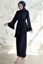 Pleated Sleeve Belted Double Set - Navy Blue - 4