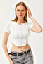Women's White Crew Neck Piece Crop Ottoman Blouse BLZ-19002610 - 5