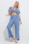 Women's Blue Patterned Tie-Up Crop Blouse and Pocket Trousers Bottom Top Woven Set Alc-X11745 - 2