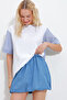 Women's White Crew Neck Stripe Garnished Oversize T-Shirt ALC-X11962 - 2