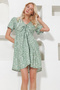 Women's Khaki V-Neck Floral Patterned Skirt Flounce Woven Dress Alc-X11740 - 4