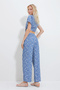 Women's Blue Patterned Tie-Up Crop Blouse and Pocket Trousers Bottom Top Woven Set Alc-X11745 - 5