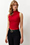 Red Zero Sleeve Gathered Body Fitted Flexible Knitted Blouse TWOSS24BZ00486