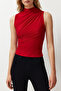 Red Zero Sleeve Gathered Body Fitted Flexible Knitted Blouse TWOSS24BZ00486 - 5
