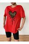 Love Heart Leopard T-Shirt - Red Printed Oversize Crew Neck Short Sleeve T-Shirt - 3