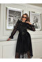 Women's Black Lace and Crepe Fabric Stone Accessory Brooch Belt Lined Maxi Design Dress