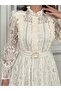 Women's White Lace and Crepe Fabric Stone Accessory Brooch Belted Lined Maxi Design Dress - 3