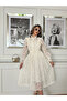 Women's White Lace and Crepe Fabric Stone Accessory Brooch Belted Lined Maxi Design Dress - 6