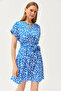 Women's Cobalt Blue Belted Crew Neck Bat Woven Dress ELB-19002129 - 5