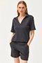 Women's Anthracite Polo Collar Top Pocket Shorts Ribbed Set TKM-19000197