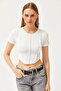 Women's White Crew Neck Piece Crop Ottoman Blouse BLZ-19002610 - 2