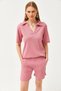 Women's Dusty Rose Polo Collar Top Pocket Shorts Ribbed Suit TKM-19000197 - 2