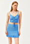 Women's Blue Top Gathered Blouse Bottom Mini Skirt Set TKM-19000285 - 5
