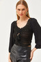 Women's Black Crochet Braided Sleeves Balloon Crop Blouse BLZ-19002611 - 4
