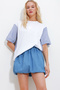 Women's White Crew Neck Stripe Garnished Oversize T-Shirt ALC-X11962