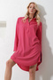 Women's Fuchsia Shirt Collar Half Placket Long Woven Tunic ALC-X11827 - 2