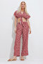 Women's Cinnamon Patterned Tied Crop Blouse and Pocket Trousers Bottom Top Woven Set Alc-X11745
