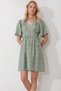 Women's Khaki V-Neck Short Sleeve Floral Patterned Skirt Flounced Woven Dress Alc-X11742 - 3