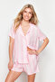 Pembe Çizgili Biye Detaylı Viskon Şortlu Dokuma Pijama Takımı THMSS24PT00279
