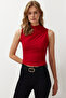 Red Zero Sleeve Gathered Body Fitted Flexible Knitted Blouse TWOSS24BZ00486 - 2