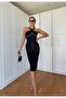 Women's Black Crepe Fabric Chain Detailed Midi Design Dress