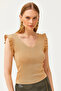 Women's Camel Ladder Collar Sleeve Frilly Glitter Knitwear Blouse BLZ-19002605 - 2
