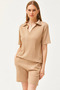 Women's Stone Polo Collar Top Pocket Shorts Ribbed Suit TKM-19000197