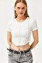 Women's White Crew Neck Piece Crop Ottoman Blouse BLZ-19002610 - 3