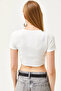 Women's White Crew Neck Piece Crop Ottoman Blouse BLZ-19002610 - 6