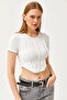 Women's White Crew Neck Piece Crop Ottoman Blouse BLZ-19002610 - 4