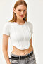 Women's White Crew Neck Piece Crop Ottoman Blouse BLZ-19002610