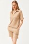 Women's Stone Polo Collar Top Pocket Shorts Ribbed Suit TKM-19000197 - 2