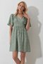 Women's Khaki V-Neck Short Sleeve Floral Patterned Skirt Flounced Woven Dress Alc-X11742 - 2